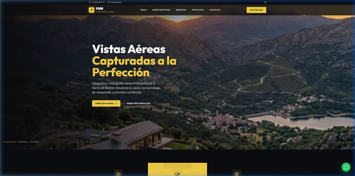 Proyecto web: fotografia aerea madrid - Web de servicios de drones certificados AESA en Madrid. Posicionada en búsquedas locales de fotografía aérea profesional HDR y 4K.